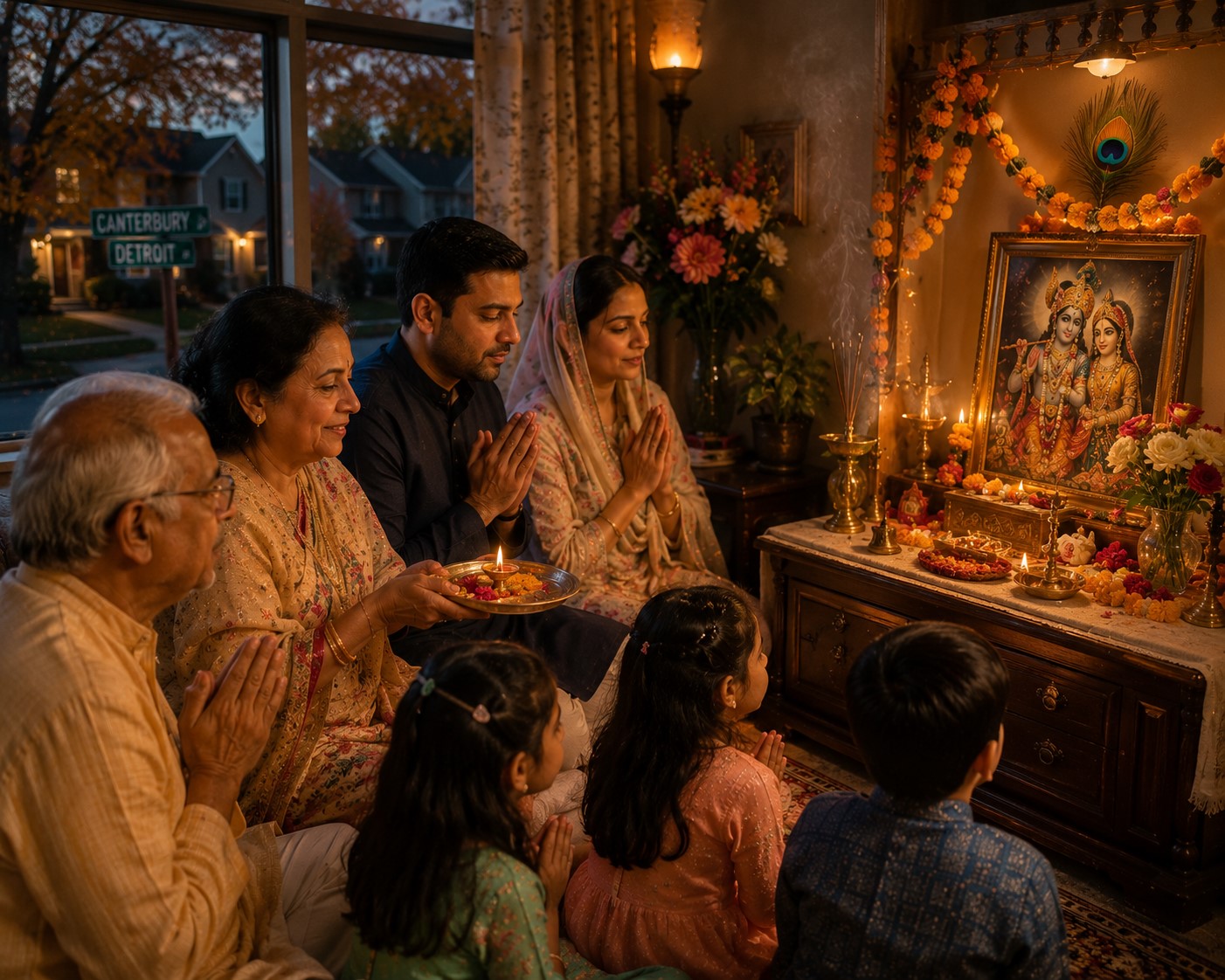 Multi-generational family at Krishna altar in Detroit home