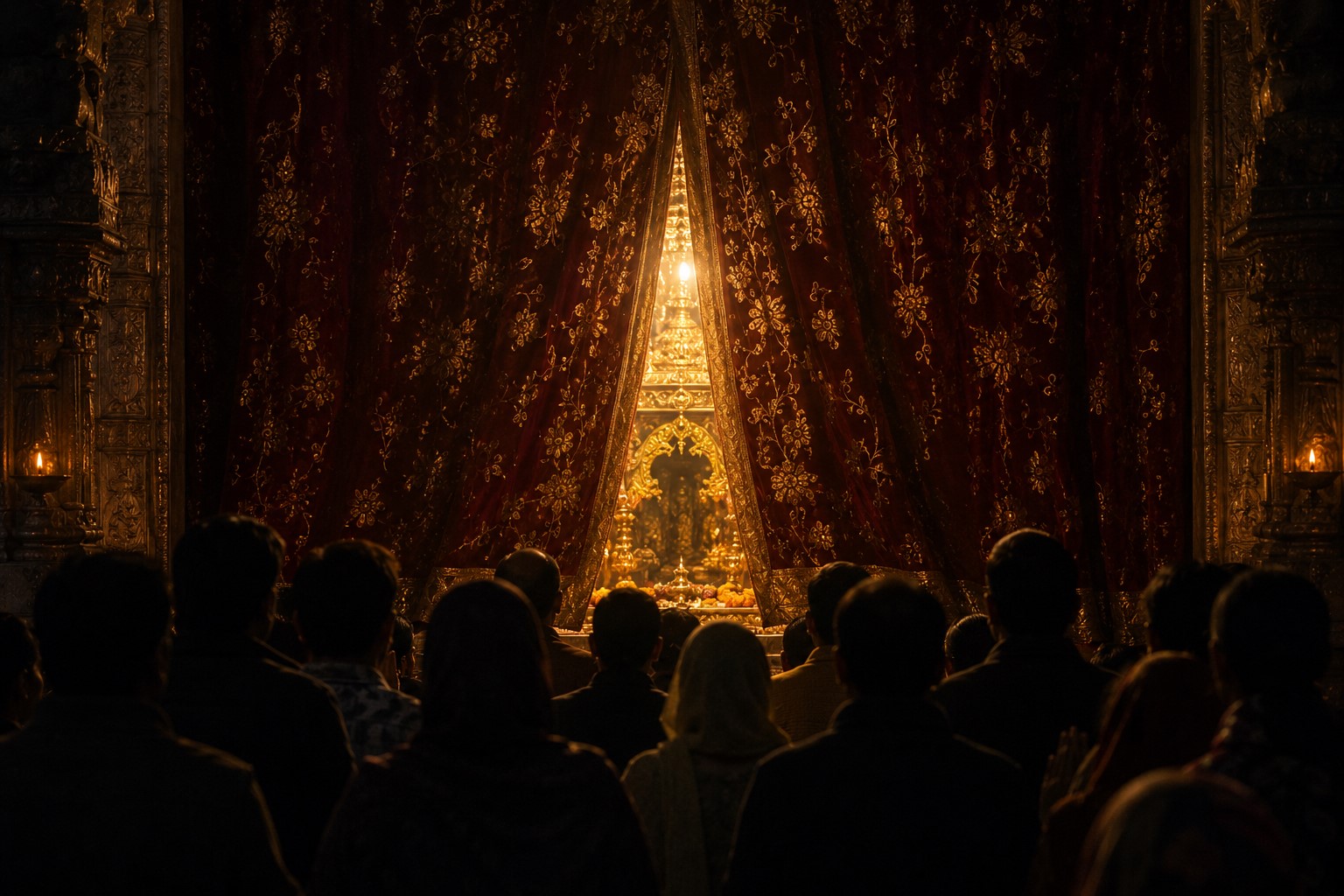 Banke Bihari curtain opens — devotees in silhouette