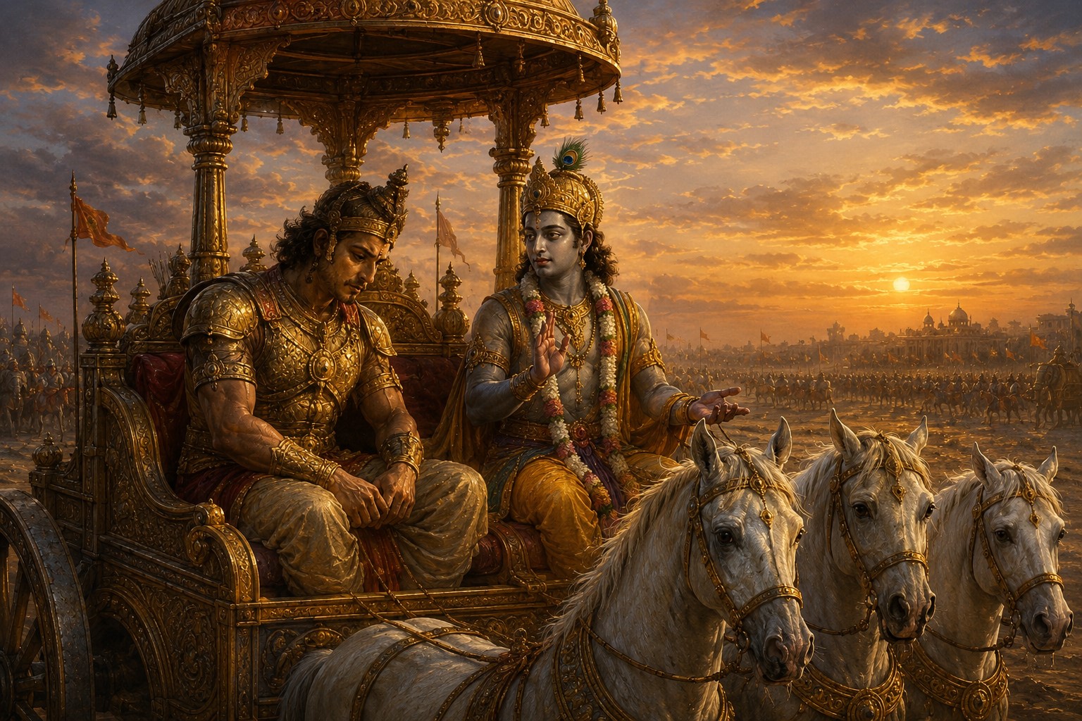 Arjuna and Krishna on the chariot at Kurukshetra