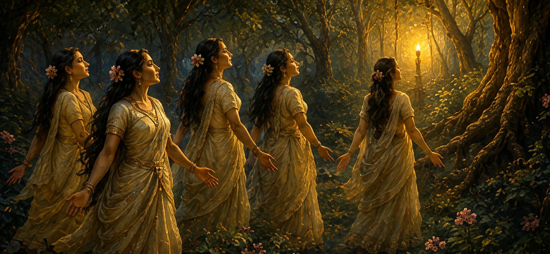 Gopis moving through Vrindavan forest toward divine light