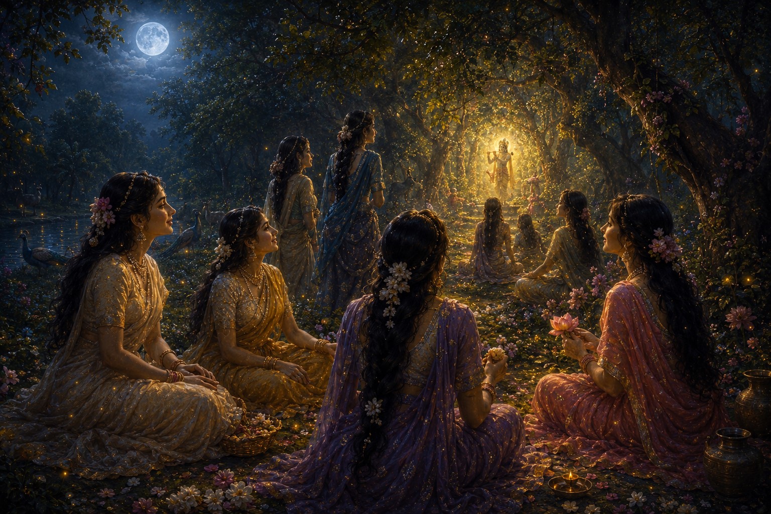 Gopis gathered around Krishna as radiant divine presence