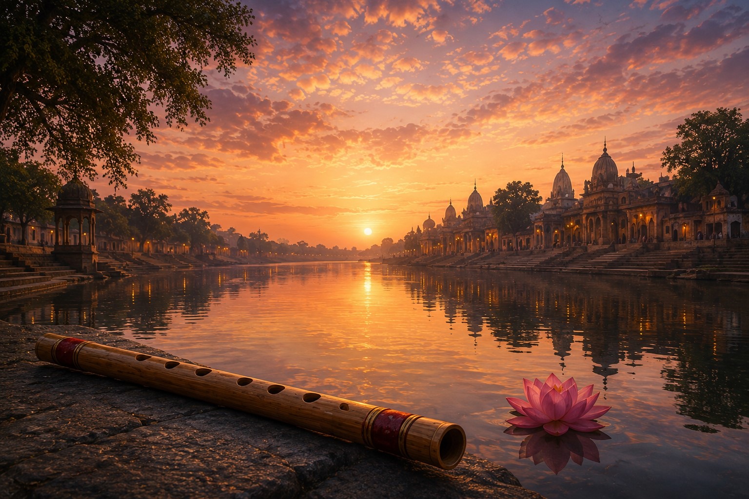 Yamuna at sunset — flute and lotus on the stone ghat, temples glowing on both banks
