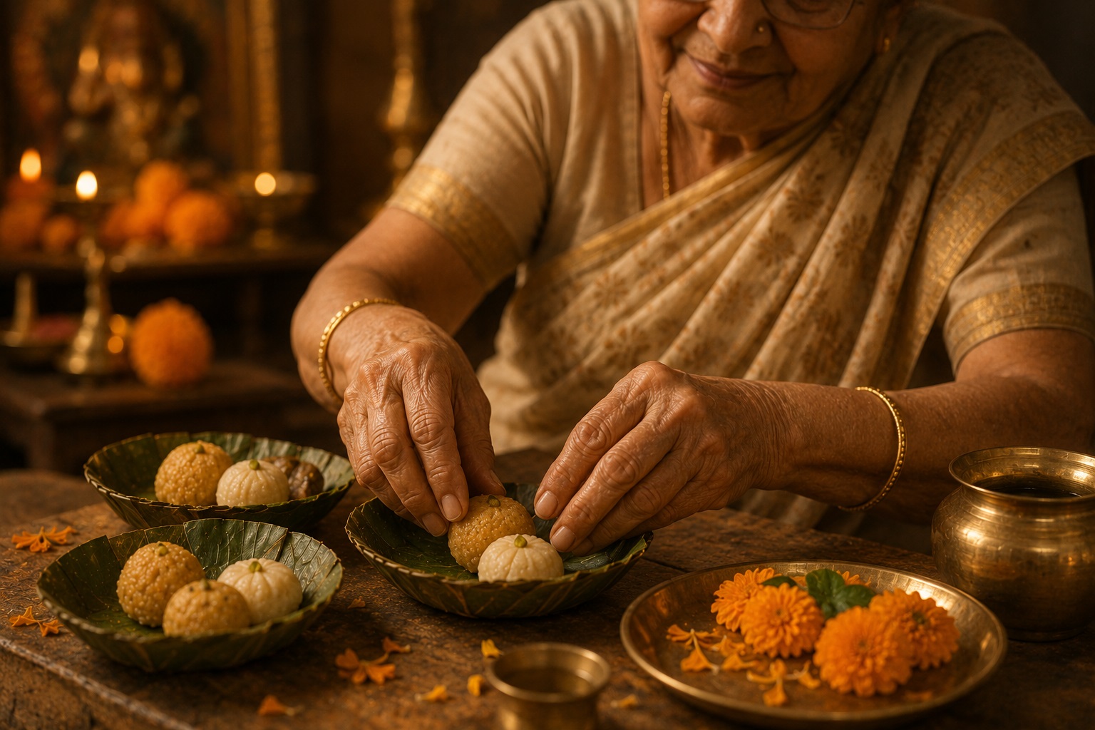 Elderly woman's hands arranging prasad in leaf cups