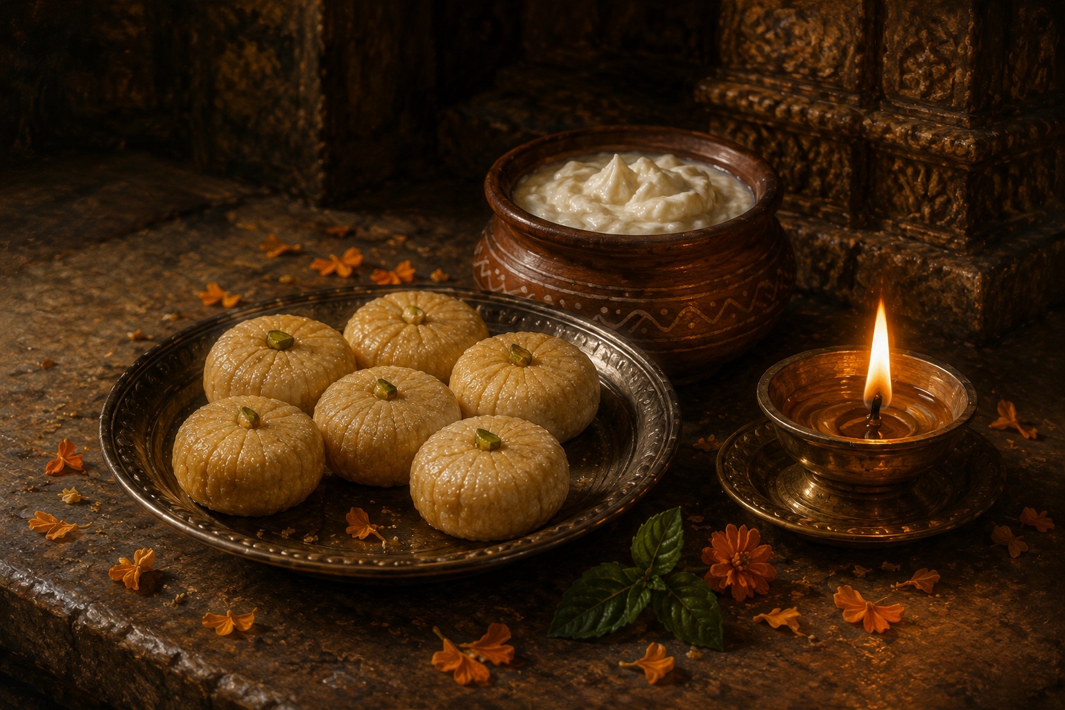 Mathura peda, makhan pot, marigolds and diya