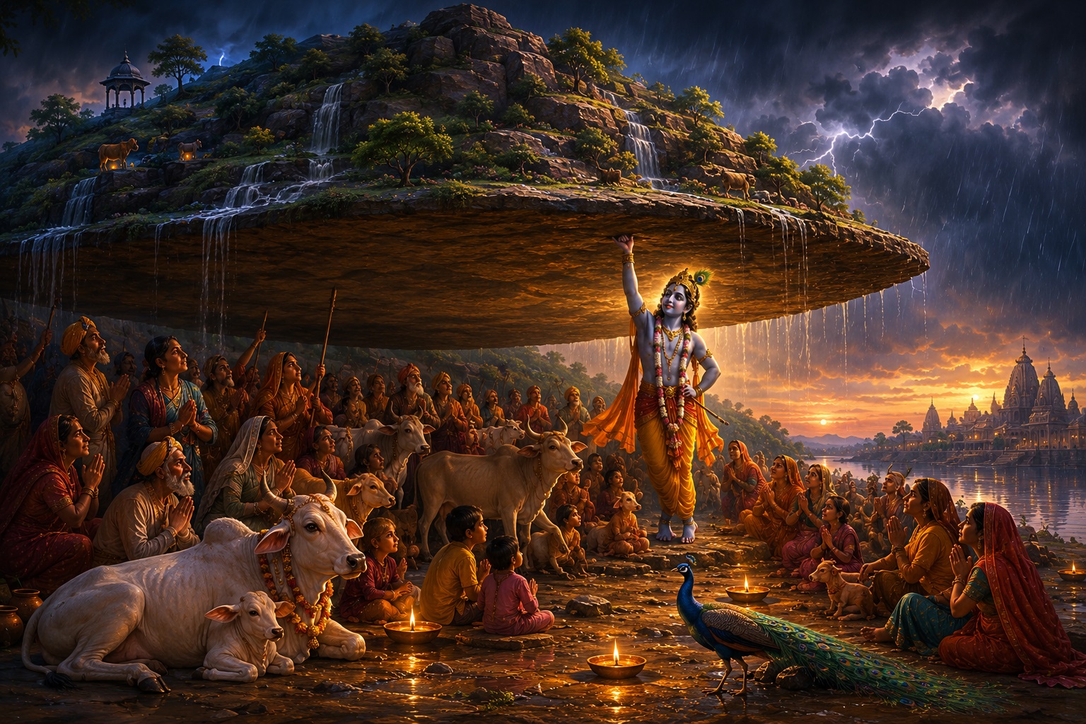 Krishna lifting Govardhan Hill, villagers and cows sheltered beneath