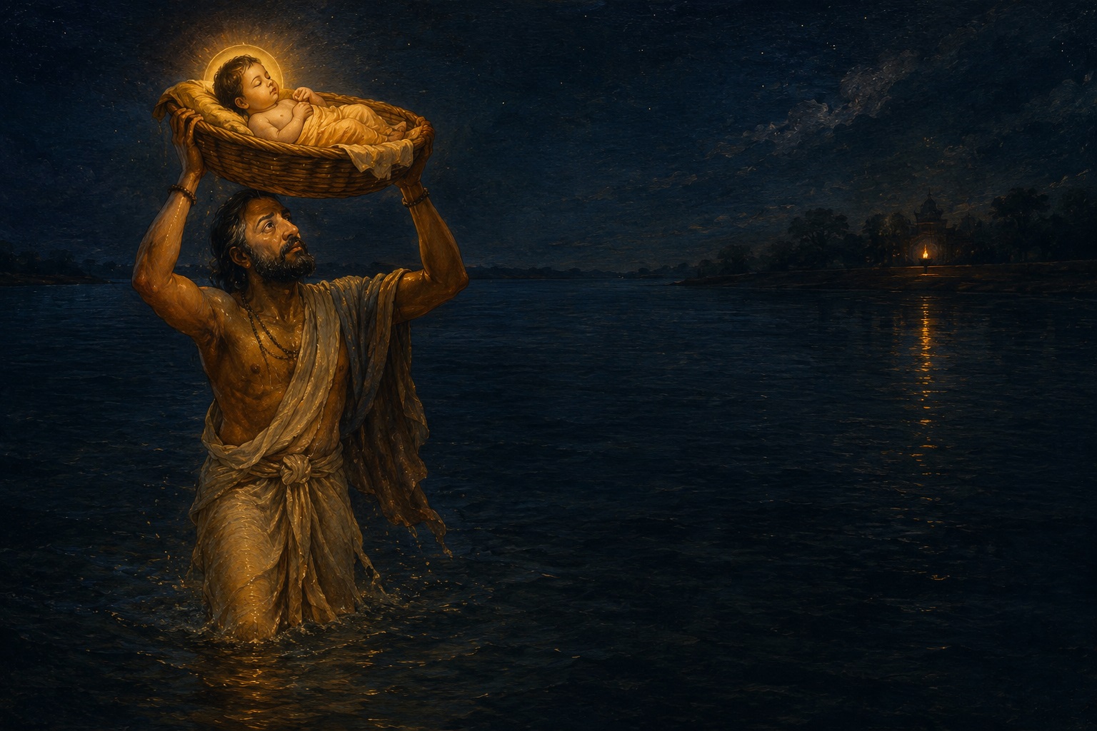 Vasudeva crossing the Yamuna with infant Krishna